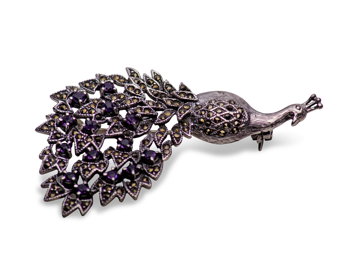 Peacock Marcasite Silver Brooch