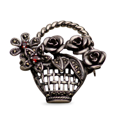 Flower Basket Silver Brooch