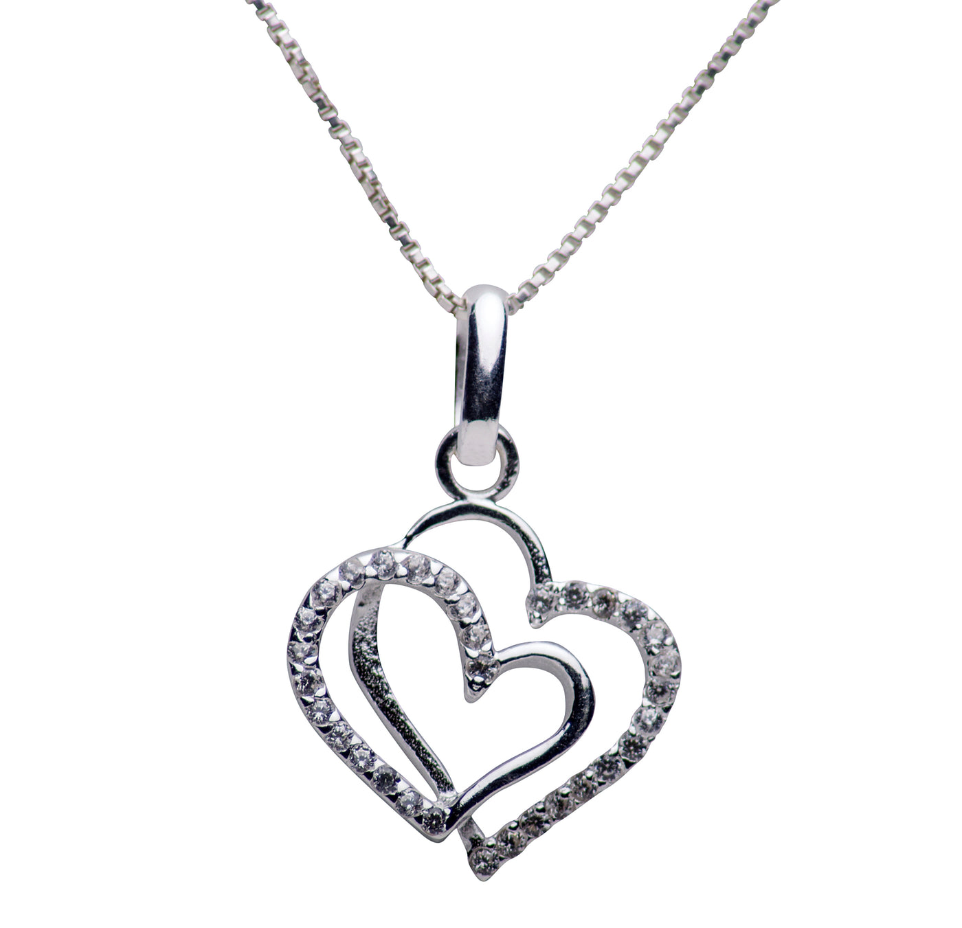 Sterling Silver & Pavé Crystal Dual Hearts Necklace 16 Inch Chain