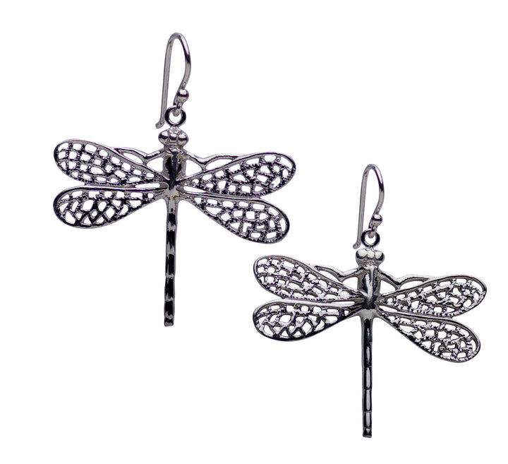 Large Dragonfly Rhodium Plated Sterling Silver Dangle Earrings