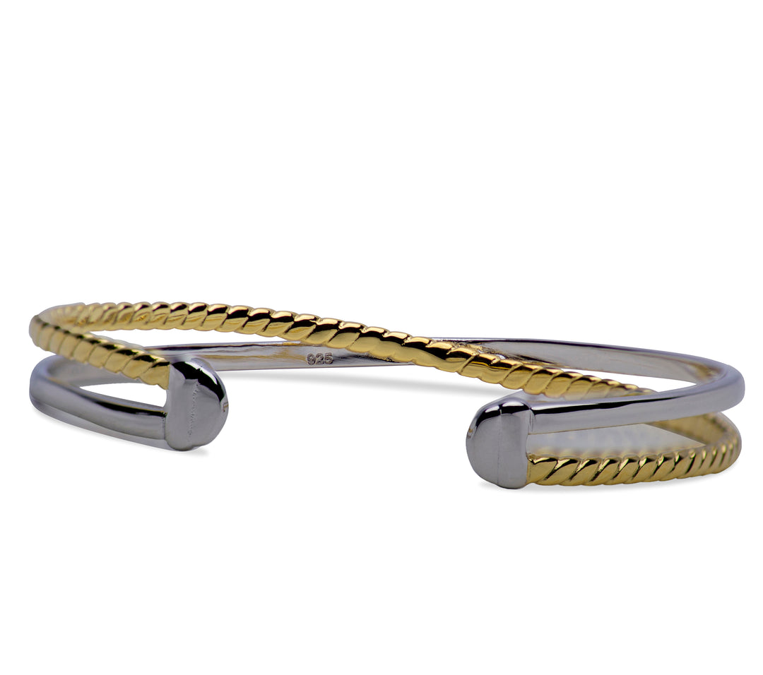Two Tone Crossover Sterling Silver Bangle