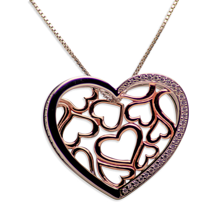 14K Rose Gold Plated Sterling Silver 3D Hearts Pendant Necklace