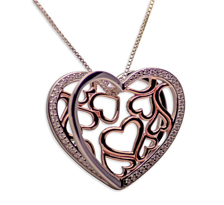 14K Rose Gold Plated Sterling Silver 3D Hearts Pendant Necklace