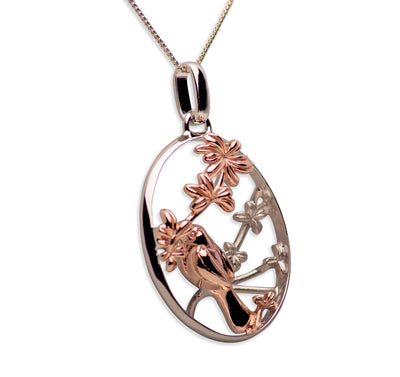 14K Rose Gold Plated Sterling Silver 3D Flower & Bird Pendant Necklace