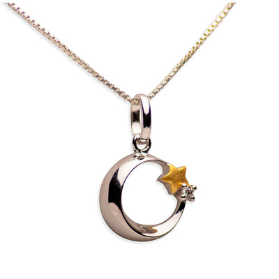 14K Gold Plated Sterling Silver 3D Moon & Start Pendant Necklace