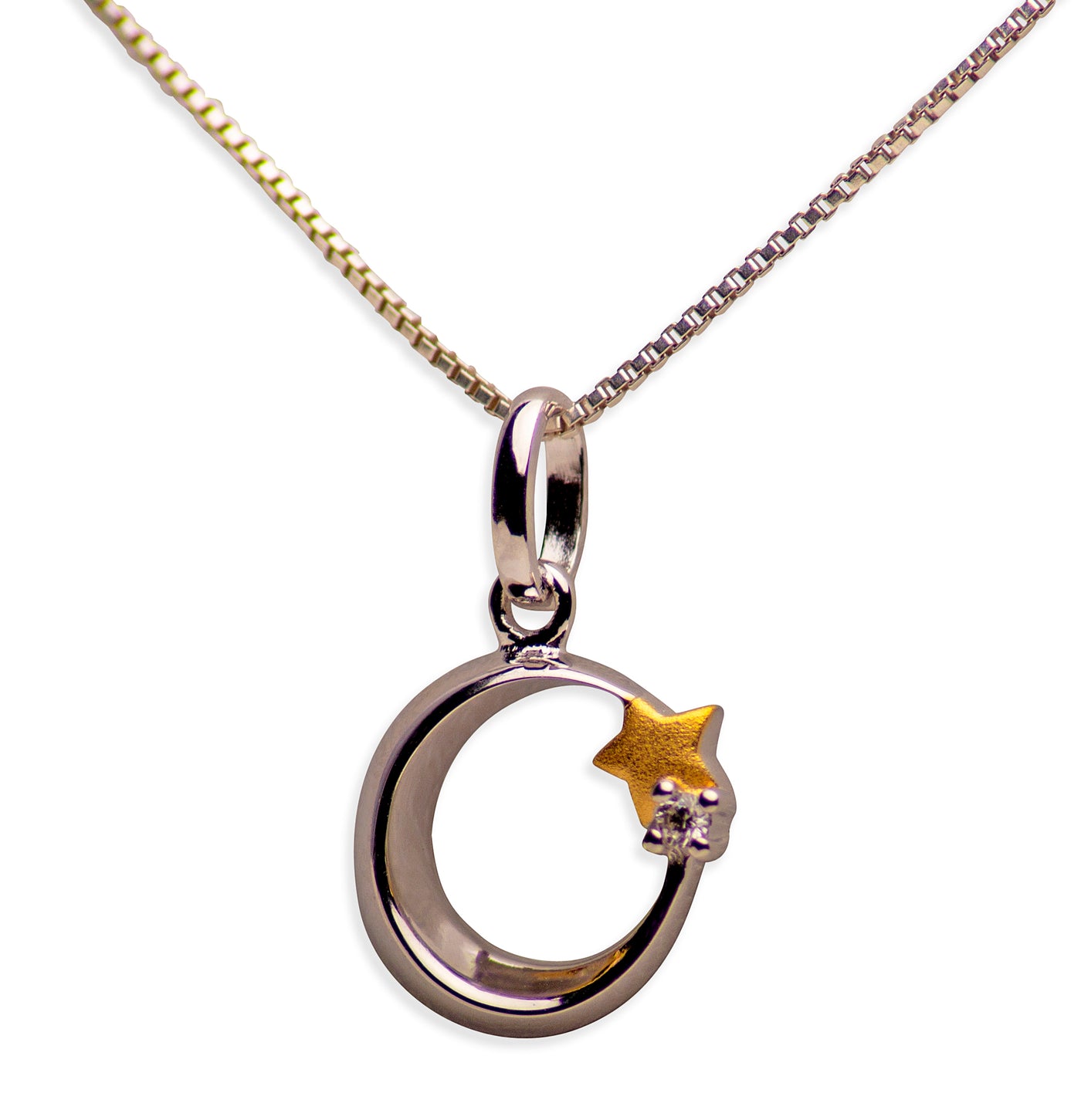 14K Gold Plated Sterling Silver 3D Moon & Start Pendant Necklace