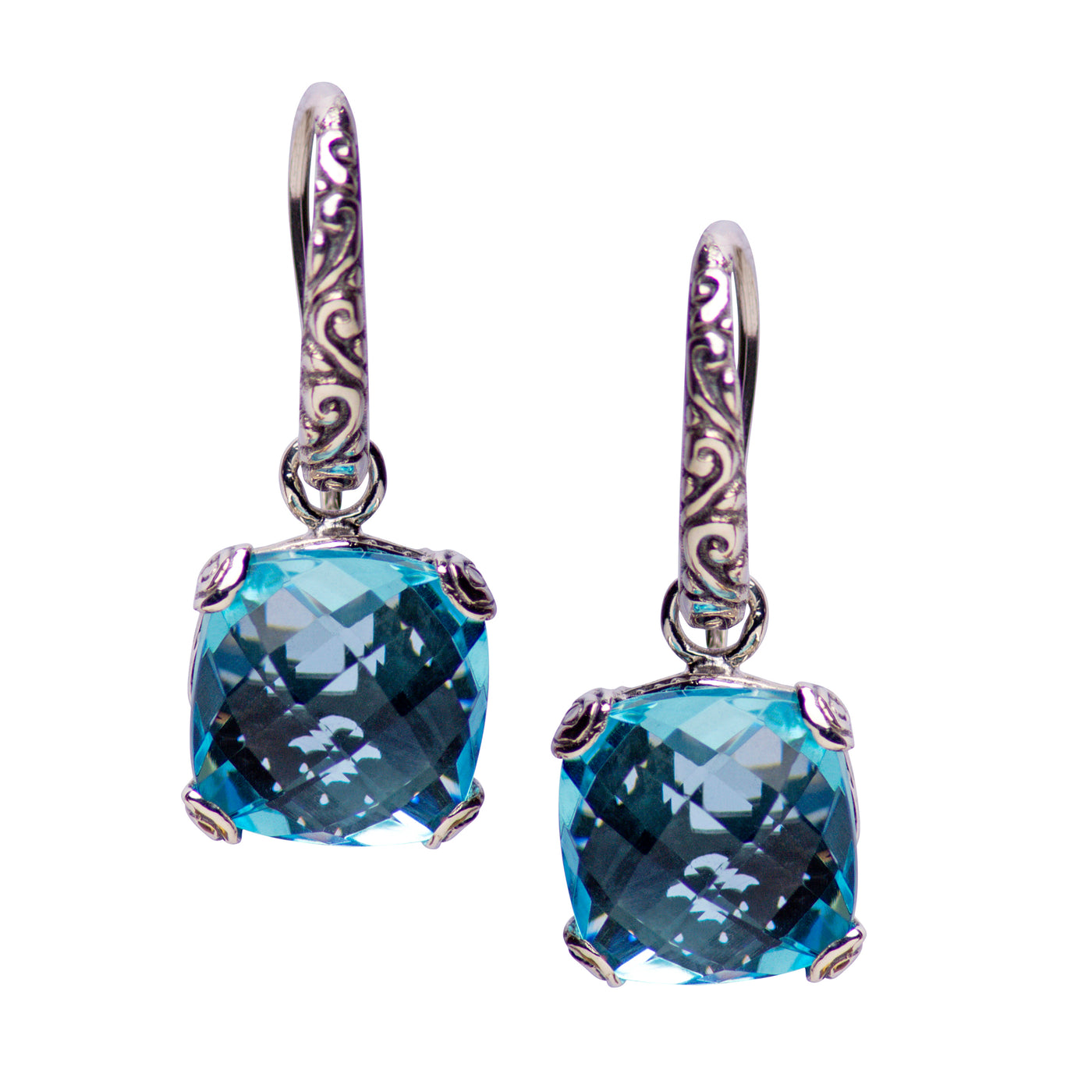 Square Blue Topaz Quartz and Sterling Silver Dangle Earrings