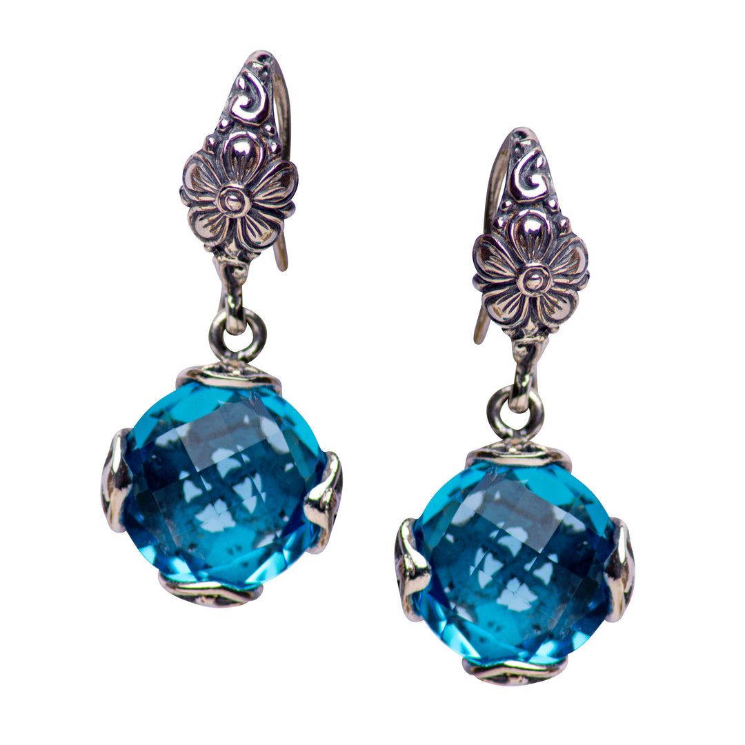 Floral Blue Topaz Quartz and Sterling Silver Dangle Earrings