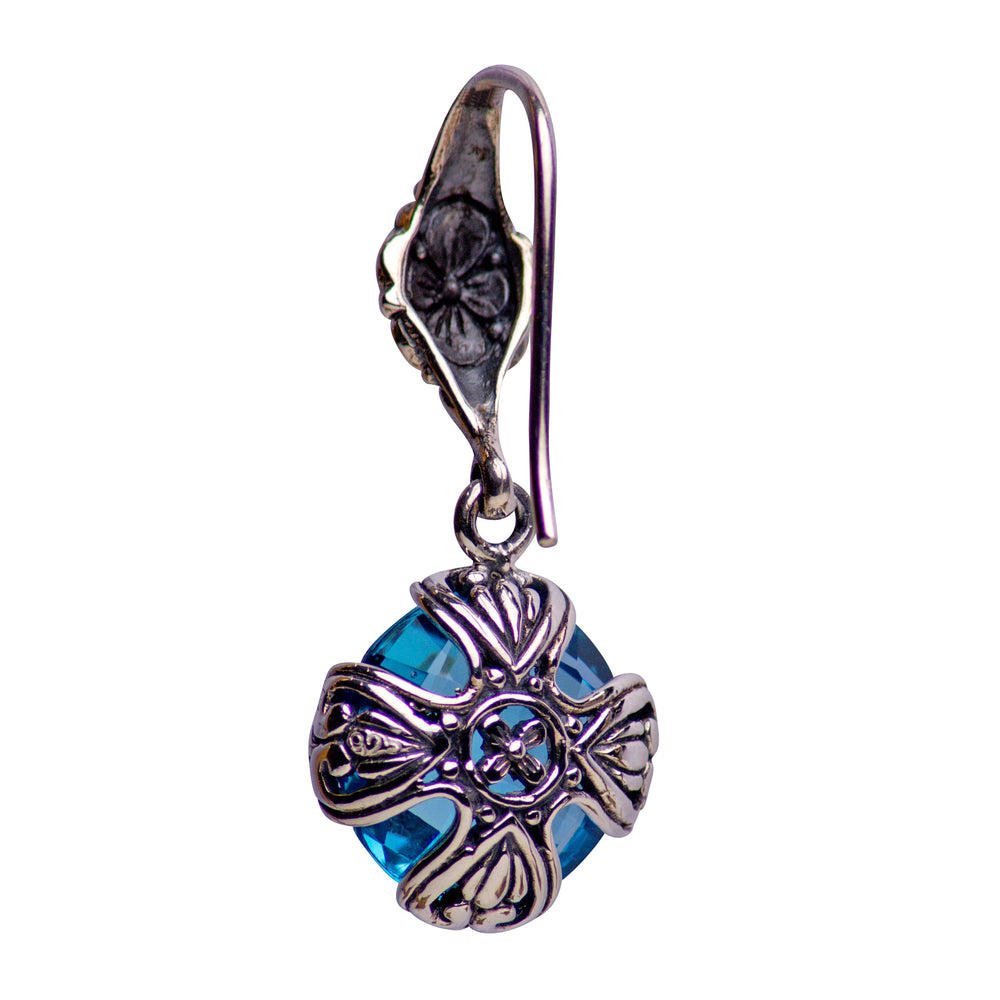 Floral Blue Topaz Quartz and Sterling Silver Dangle Earrings