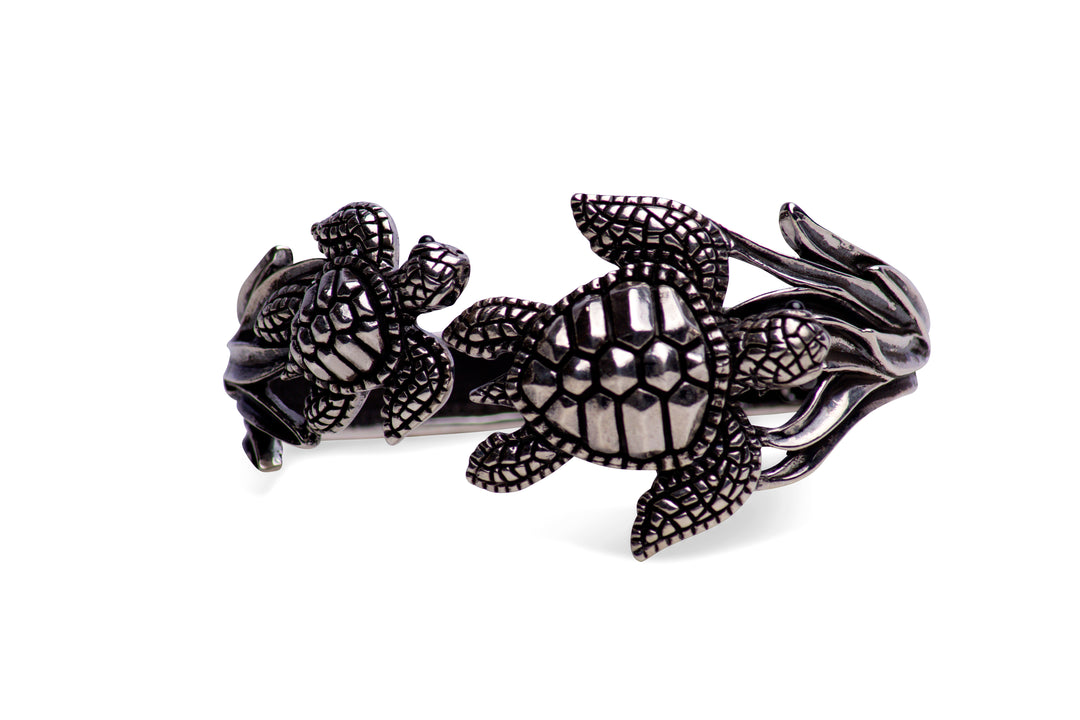 Large Double Turtle Silver Cuff Bracelet