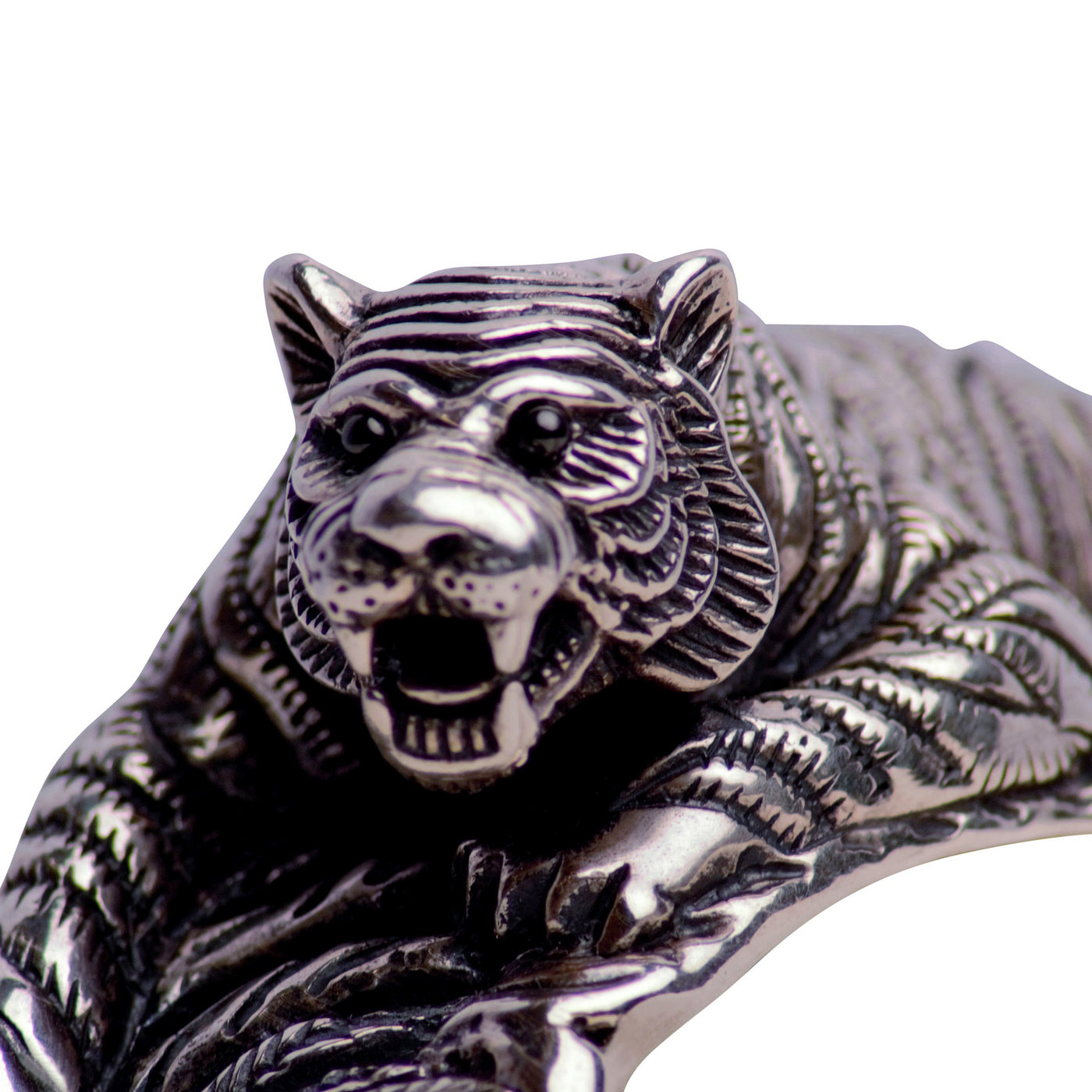 Crouching Tiger Hinged Silver Cuff Bracelet