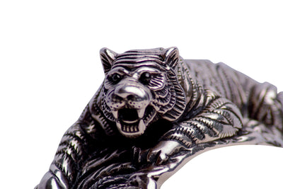 Crouching Tiger Hinged Silver Cuff Bracelet