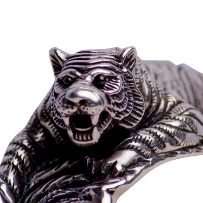 Crouching Tiger Hinged Silver Cuff Bracelet