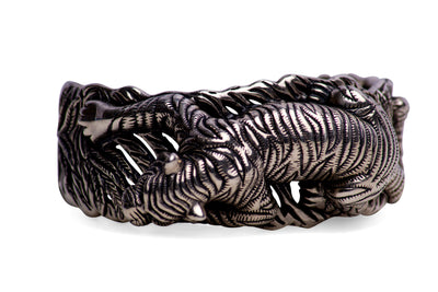 Crouching Tiger Hinged Silver Cuff Bracelet