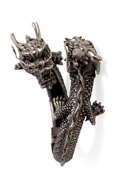 Double-Dragon Head Silver Hinged Bracelet