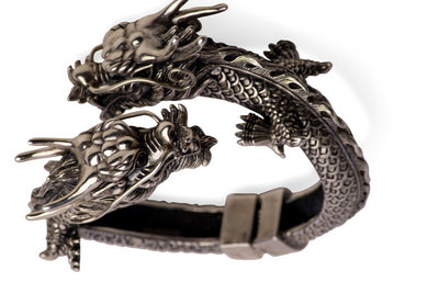 Double-Dragon Head Silver Hinged Bracelet