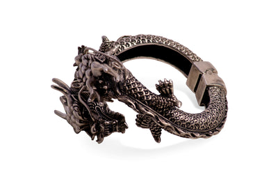 Double-Dragon Head Silver Hinged Bracelet