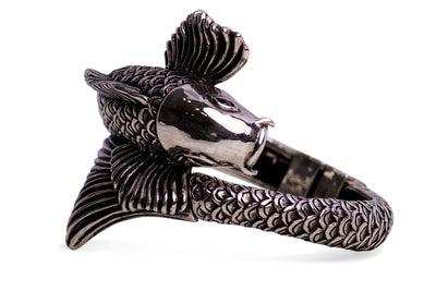 Lucky Koi Fish Hinged Silver Cuff Bracelet
