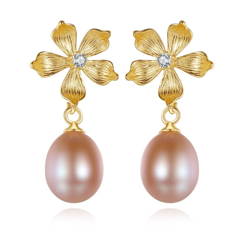 Pink Pearl Gold Floral Earrings