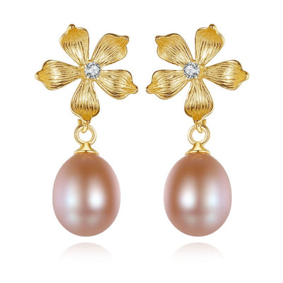 Pink Pearl Gold Floral Earrings