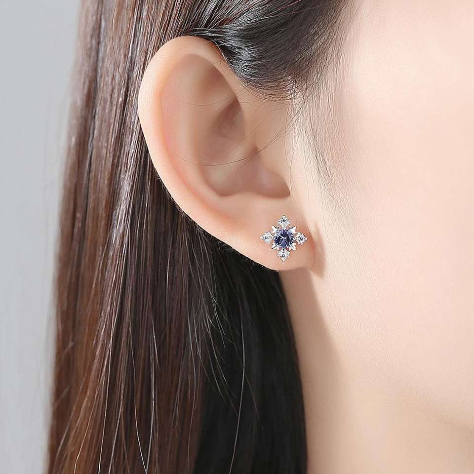 Sapphire Simulant Snowflake Silver Earrings