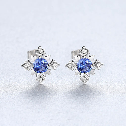 Sapphire Simulant Snowflake Silver Earrings