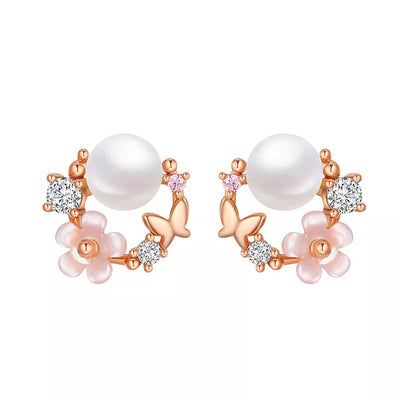 Pearl & Flower Wreath Gold Earrings