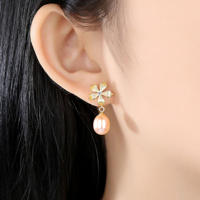 Pink Pearl Gold Floral Earrings