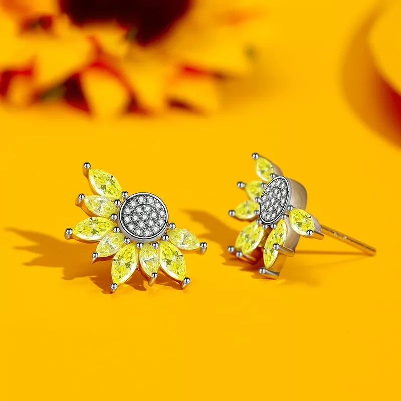 Yellow Diamond Simulant Sunflower Silver Earrings