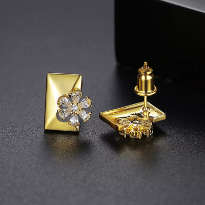 Diamond Simulant Floral Gold Earrings