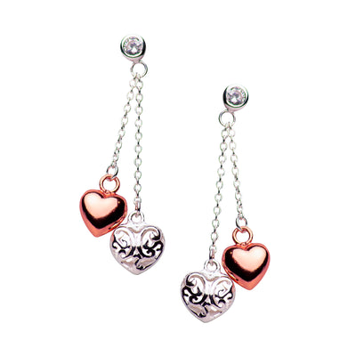 14K Rose Gold Plated Silver Heart Dangle Earrings | SilverAndGold