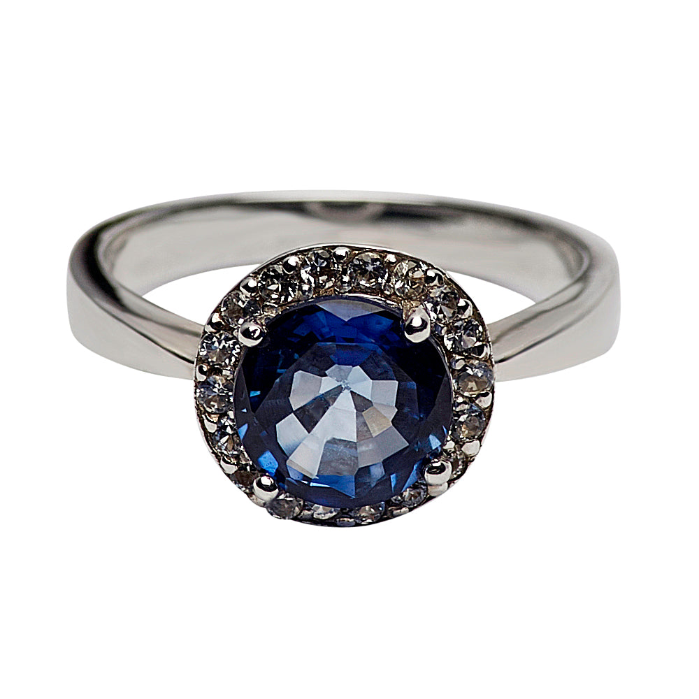 Created Blue Sapphire Halo Sterling Silver Ring | SilverAndGold