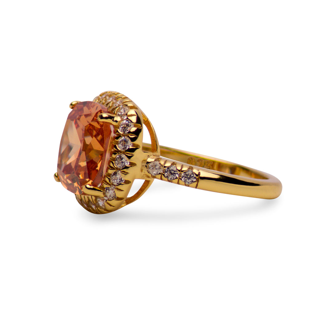 Sterling Silver Gold Plated Halo Cushion Cut Champagne CZ Ring