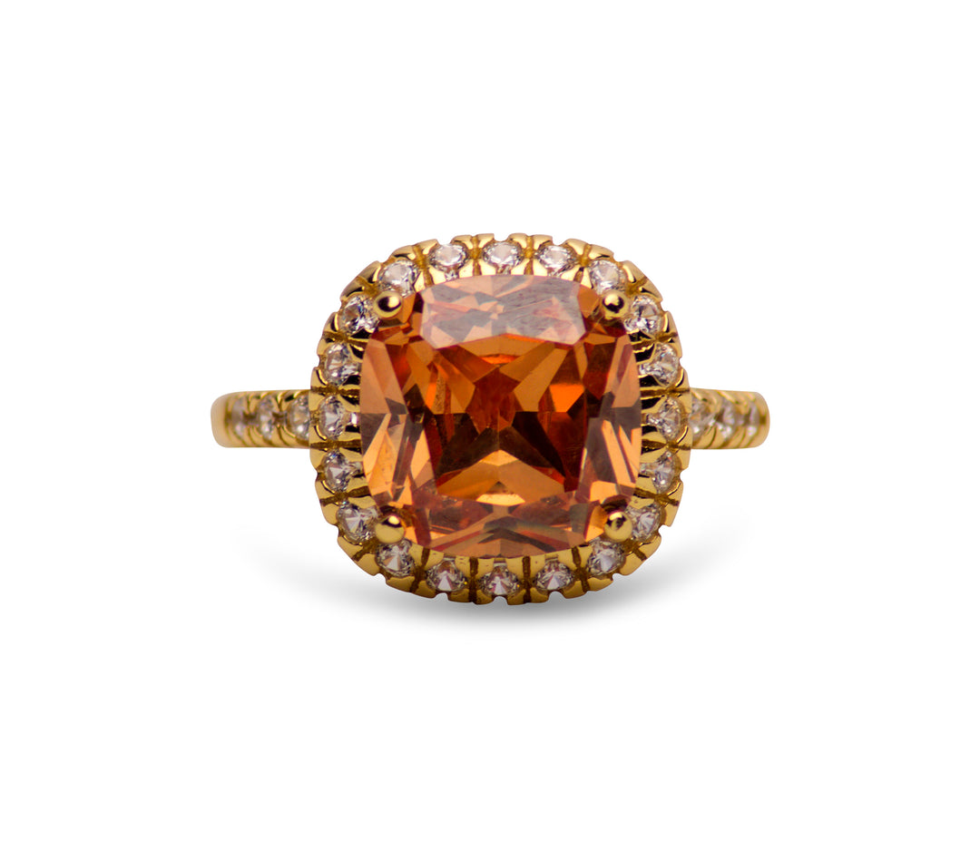 Sterling Silver Gold Plated Halo Cushion Cut Champagne CZ Ring