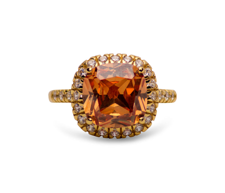 Sterling Silver Gold Plated Halo Cushion Cut Champagne CZ Ring