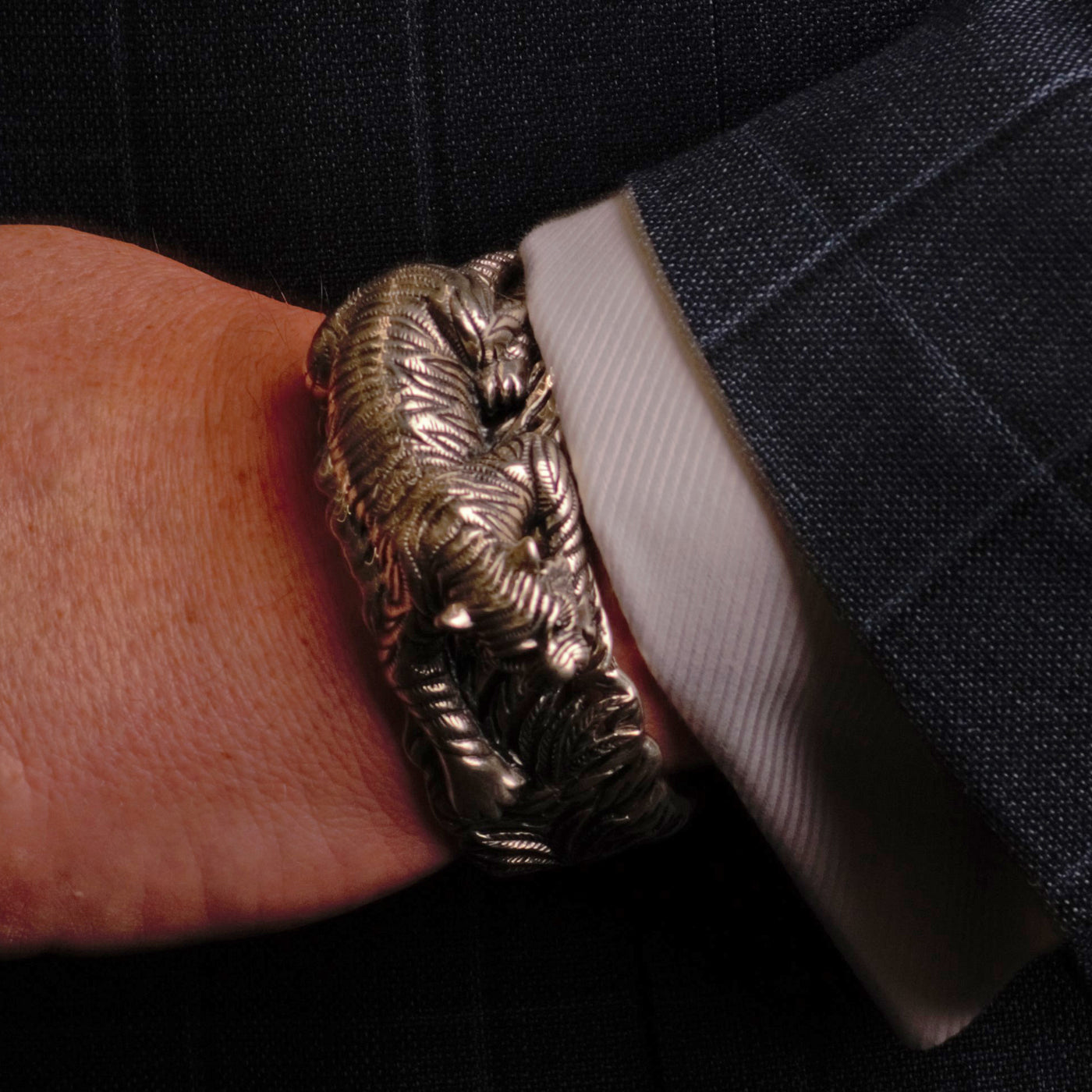 Crouching Tiger Hinged Silver Cuff Bracelet