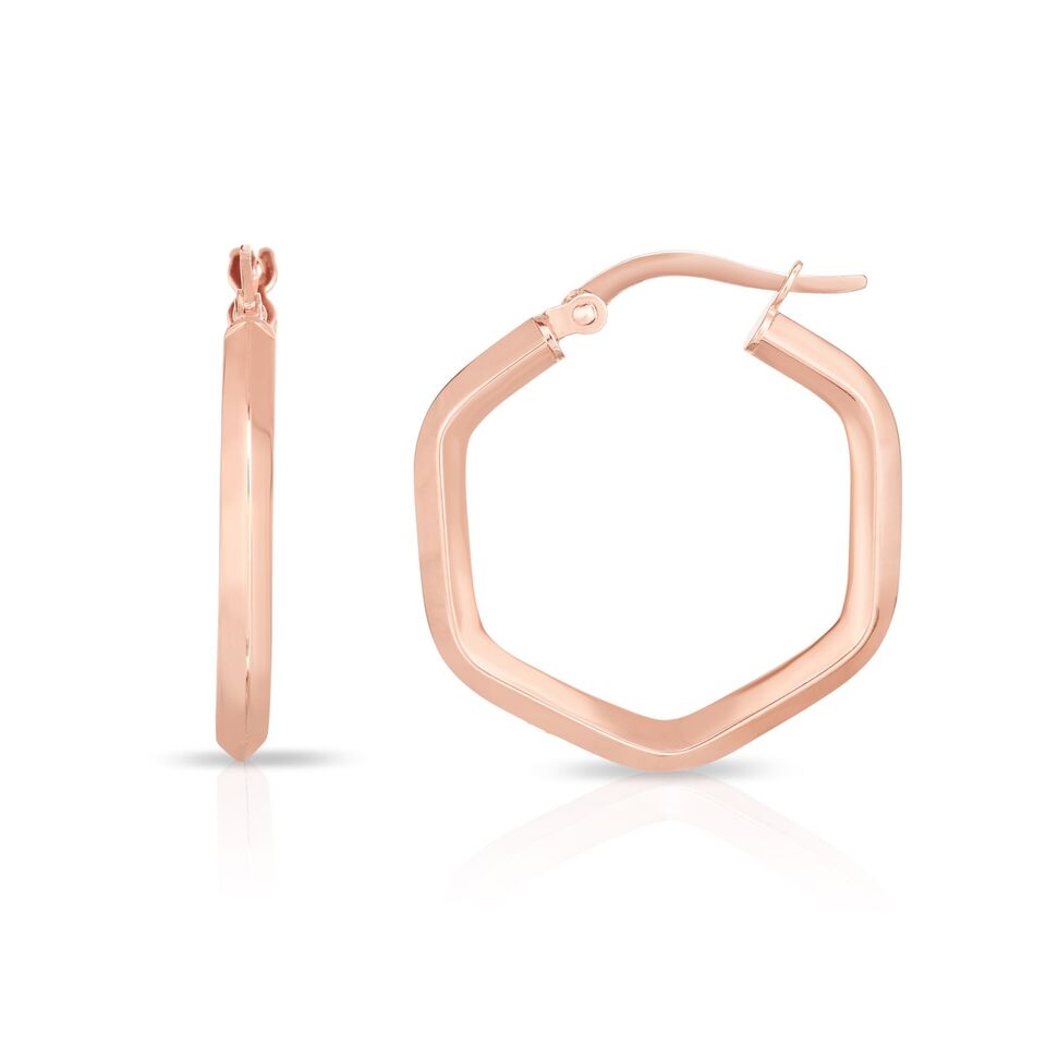 14K Rose Gold Hexagon Hoop Earrings | SilverAndGold